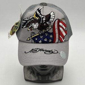 Ed Hardy Gray Snapback Mesh Hat Embroidered American Bald Eagle and Flag